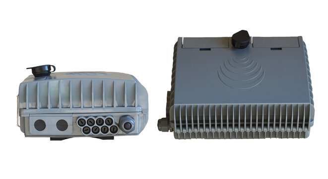 Plastic optical fiber terminal boxes for telecommunication network.
Outdoor fiber optic splice closure boxes close up.
Telecommunication equipment for internet connection infrastructure.
Grey plastic 