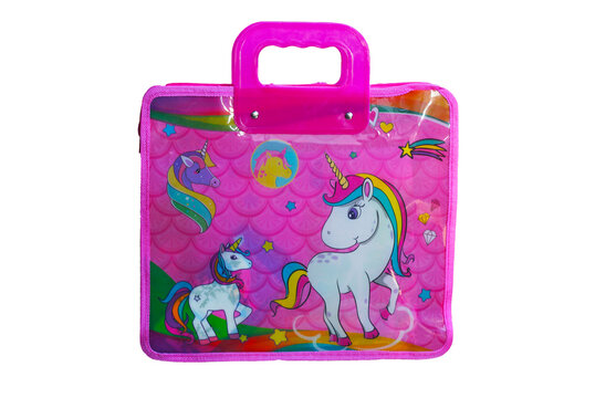 Portable art supply folder with unicorn illustrations, white background.Vibrant pink stationery bag with unicorns and rainbows for kids.Cute unicorn themed school folder for girls with plastic handle.