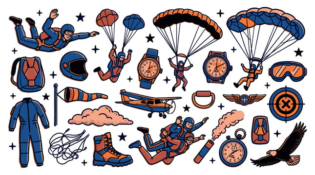 Skydiver and parachute equipment collection with various objects, including planes, watches, and boots, on a clean white background