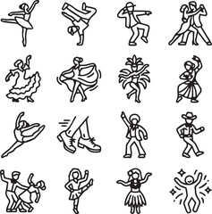 Obraz premium Diverse dance styles and performance art line icon set featuring ballet hip hop salsa and traditional cultural dances for event and entertainment themes