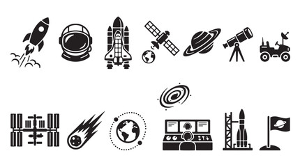 Space icons, rocket symbols, astronomy signs, 13 black vector graphics © Anika