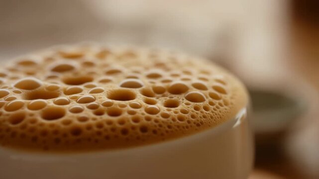 Macro close view of coffee cup filled with creamy crema foam, glossy bubbles, warm beige tones, soft bokeh, rich texture, and inviting cafe atmosphere across surface
