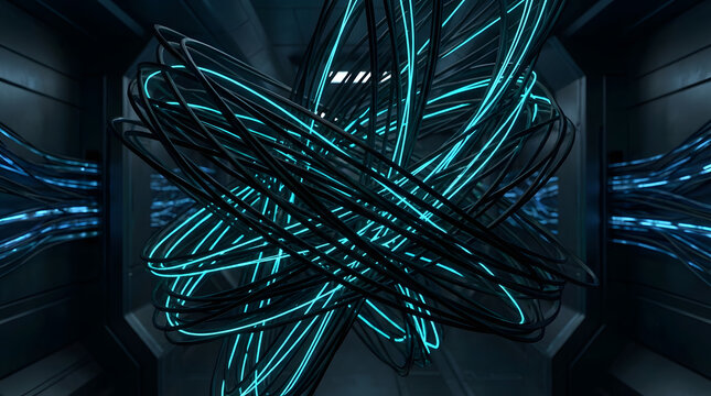 Abstract futuristic neon cyan glowing lines woven pattern background