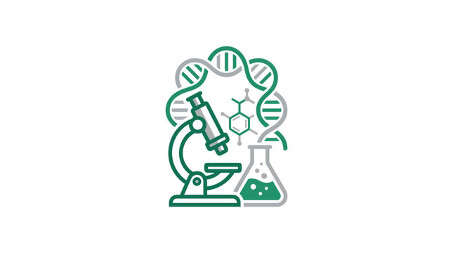 A microscope and beaker are on a lab table with DNA molecules floating above.