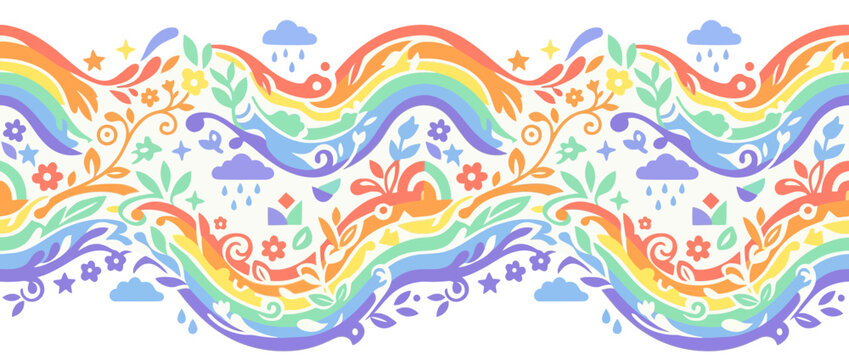Wavy Rainbow Border with Clouds, Flowers, and Stars - Decorative Pattern