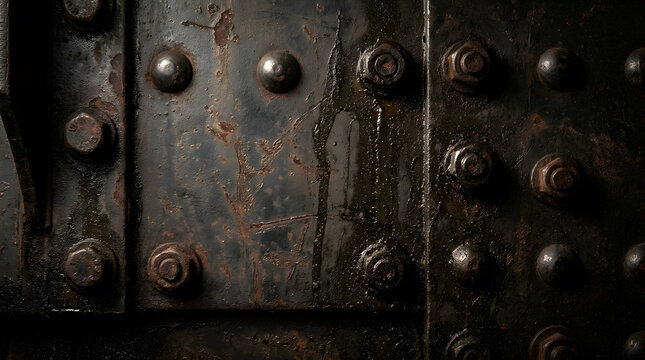 Heavy industrial dark iron plate surface texture with metal rivets and bolts