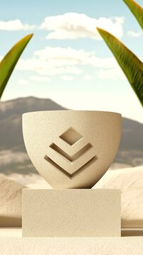 A beige stone sculpture with a geometric design sits on a pedestal in a desert landscape