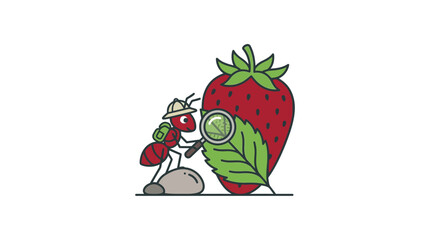 A ladybug stands next to a large ripe strawberry with green leaves. © Story