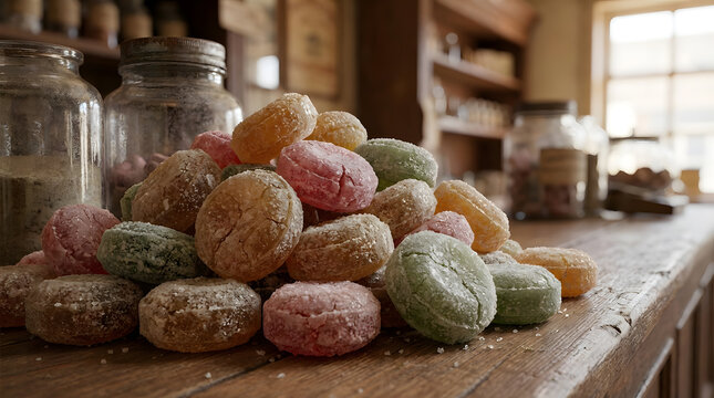 Colorful traditional hard candy sweets on an old rustic wooden counter