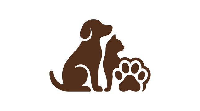 Brown dog and cat sitting together with paw print illustration