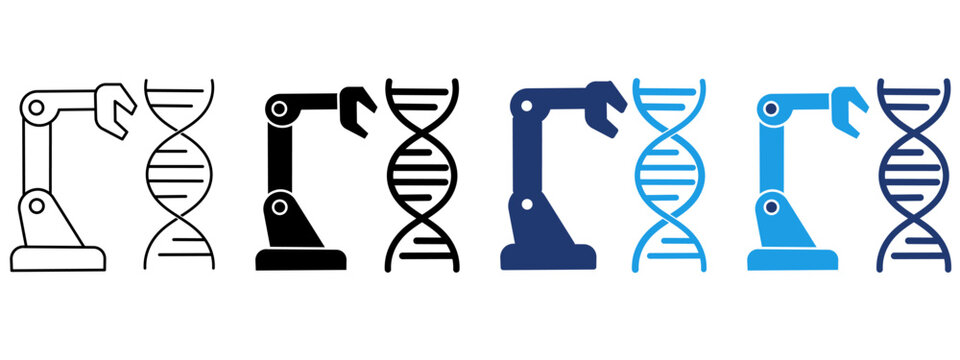 Genetic modification AI robot arm icon collections. Containing DNA sequence, lab tech, bio, engineering and more icons.