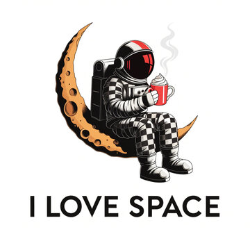 Astronaut sitting on crescent moon holding coffee cup. Space explorer relaxing in cosmic setting with I love space text.