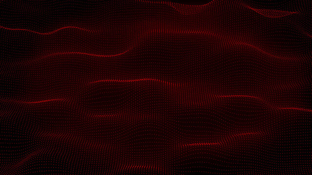 A dark abstract background featuring a flowing three dimensional landscape composed of countless tiny red illuminated dots creating undulating waves and subtle light gradients against a deep black
