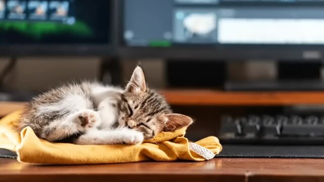 Sleeping kitten on yellow cloth office desk.