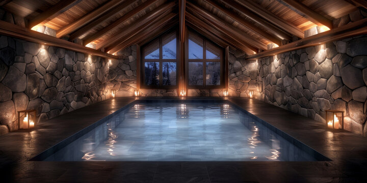 Relaxation space features indoor pool surrounded by stone walls and soft lighting at dusk