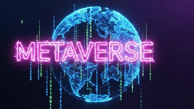 Metaverse concept with neon globe and coding elements.