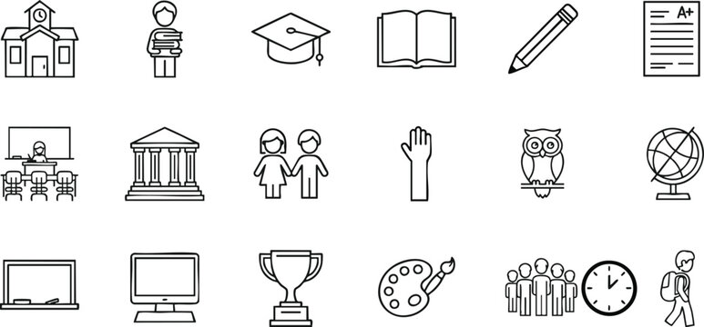 Education icons set learning graduation and academic achievement line art collection