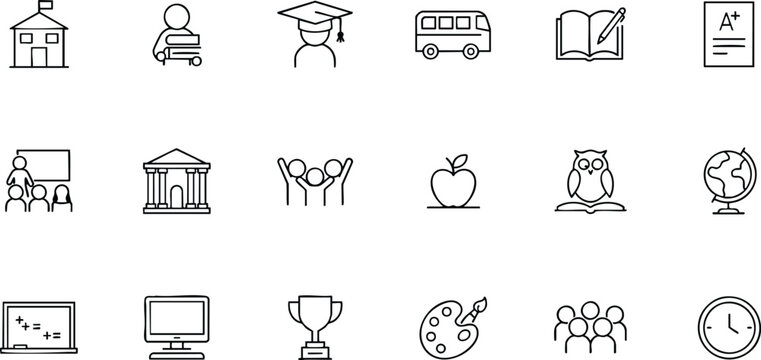 Education icons set learning school university and academic achievement line art collection