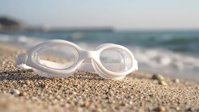 Swim goggles on sandy beach shore.