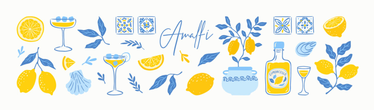 Set of hand drawn lemons and leaves, drinks. Amalfi. Mediterranean doodle citrus fruits, italian blue tiles, lemon tree in vase, limoncello, cocktail glass. Vacation in Italy. Vector illustration.