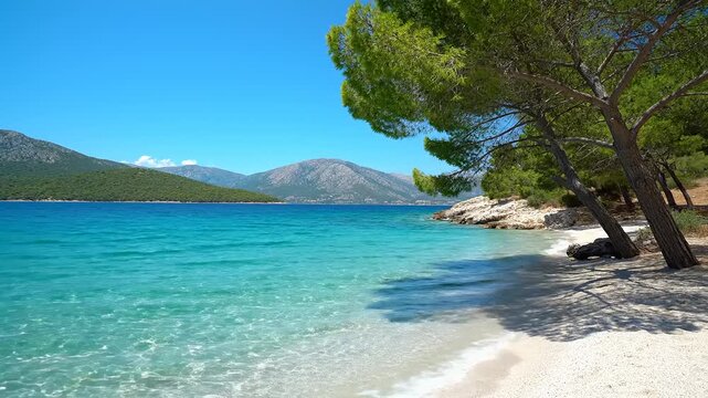 Serene beach with trees and mountains.