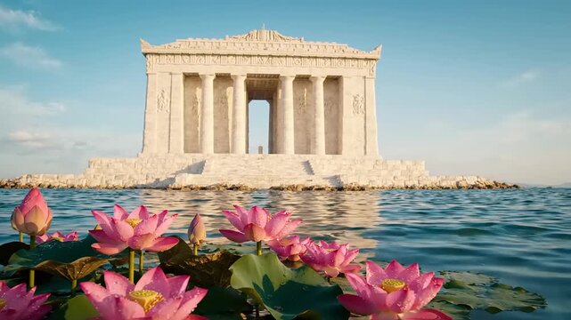 A serene scene of pink lotus flowers floating in front of a majestic white building with columns.