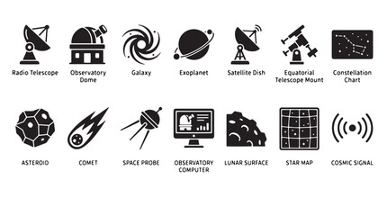 Space icons, astronomy symbols, cosmic signs, 16 celestial graphics © Anika