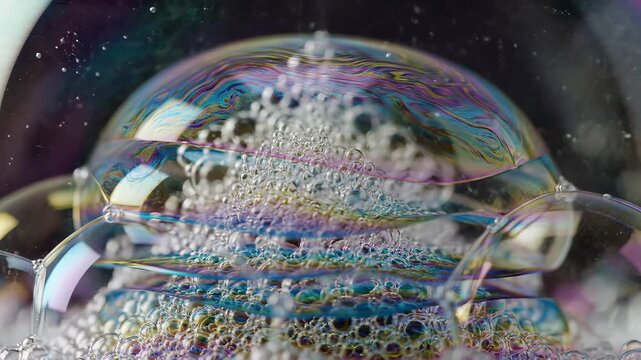Large iridescent soap bubbles floating and reflecting light in close up shot