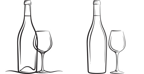Obraz premium Minimalist wine bottle and glass line art vector illustration set for winery logo and menu design