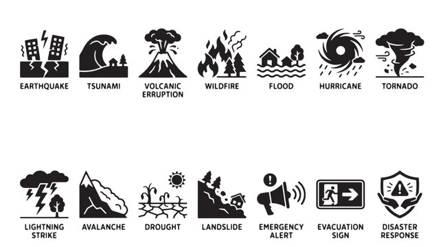 Disaster icons, emergency symbols, natural disaster signs, warning graphics
