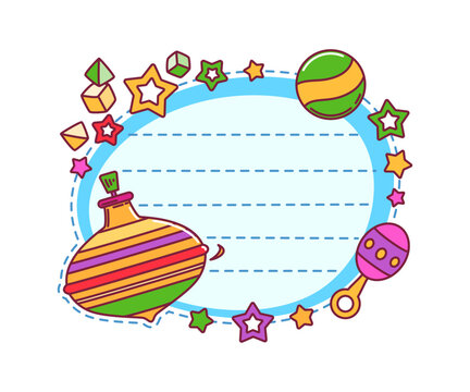 Kids memo note frame with baby toys. Kids diary vector sticker, scrapbook frame. Planner to do list label or memo note with peg top spinning toy, colorful stars and blocks, baby rattle and ball