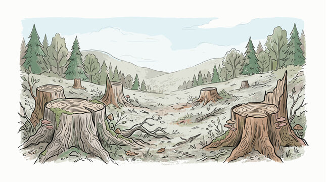 Several large tree stumps with visible rings and roots are scattered across a deforested hillside, with distant evergreen trees and mountains under a cloudy sky