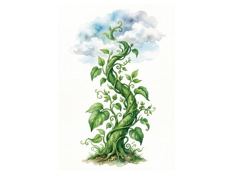 Vibrant green beanstalk climbing towards fluffy soft clouds painted with delicate watercolor textures in a whimsical fairy tale style that features intricate botanical details and swirling vines on tr