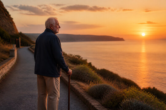 An elderly man walks along a coastal path at sunset overlooking the sea.
