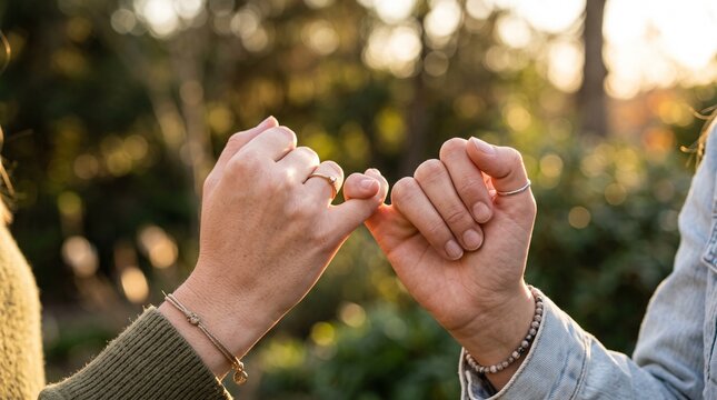 Two friends making a pinky promise with their hands locked together showing commitment and trust in a soft natural light captured with a close up angle on a sunny day.
