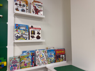 Obraz premium White shelf with lego books in a bright kids playroom, with green baseplates on the wall and table