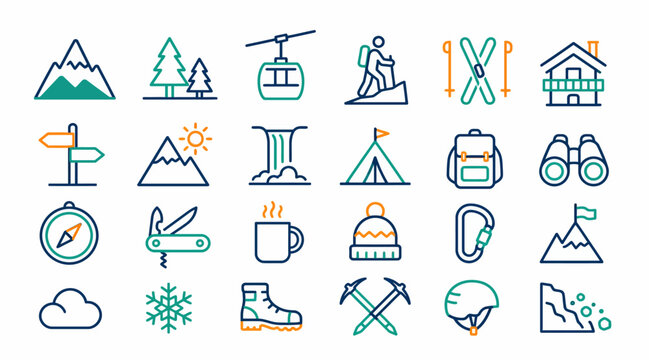 Colorful flat icons of outdoor adventure and camping activities.