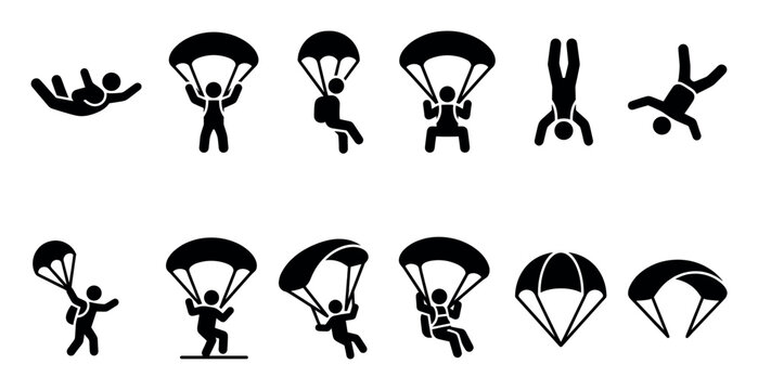 Various black silhouette icons depict skydivers and parachutes in different positions, including freefall and descent, against a clean white background