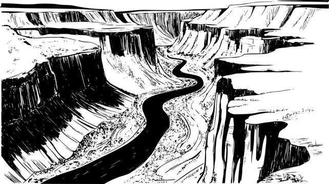 深くドラマチックな砂漠の峡谷の風景を流れる曲がりくねった川の白黒インク画