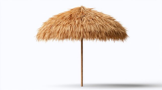 Tropical straw umbrella on wooden pole isolated.