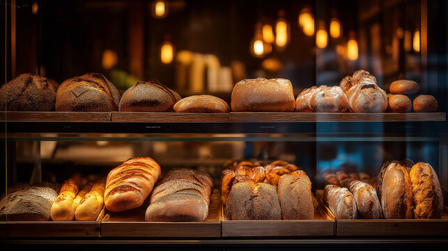 Craft bakery shop window with large selection of bakery products, Various types of baked bread on store window, Fresh bakery and bread retail, generative ai