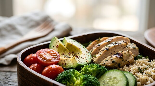 Healthy Lunch Box Components with Chicken and Fresh Vegetables