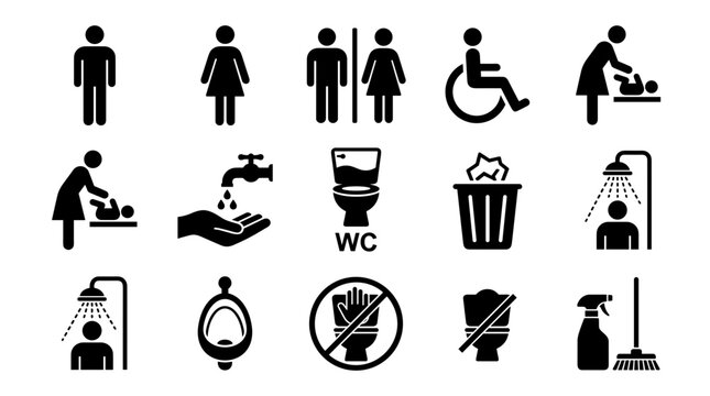 Restroom, bathroom icons, toilet signs, hygiene symbols isolated on White Background