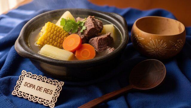 Gourmet Sopa de Res (Beef Soup) with Yuca and Corn, Warm Copy Space