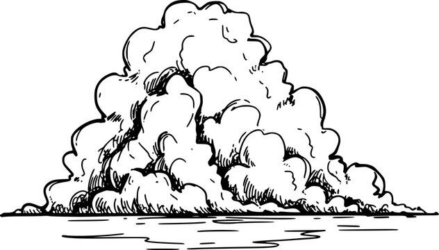 水面上に広がる大きくふわふわした積雲の詳細な白黒の手描きイラスト
