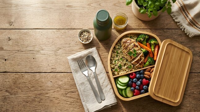 Healthy Lunch Box Components with Grilled Chicken Quinoa and Berries