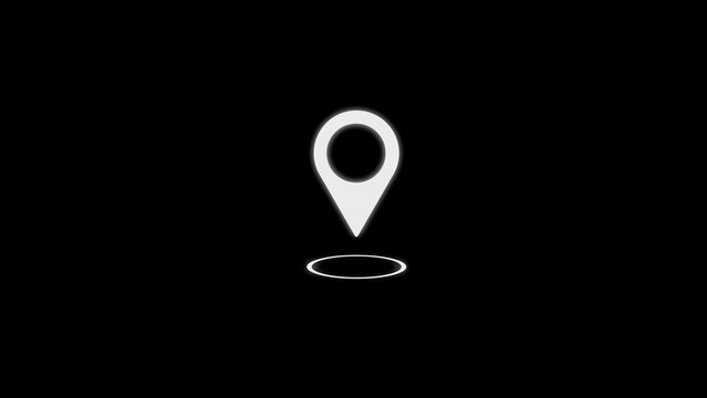 A stark white map pin with a subtle white circular outline below it, presented on a pure black background, symbolizing location, navigation, and marking a specific point with contrast