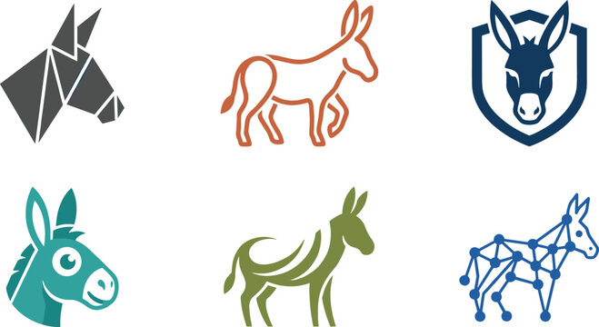 Donkey and Mule Logo Template Set Featuring Origami Line Art Shield Mascot and Digital Constellation Styles Vector Creative Illustrations for Branding Design