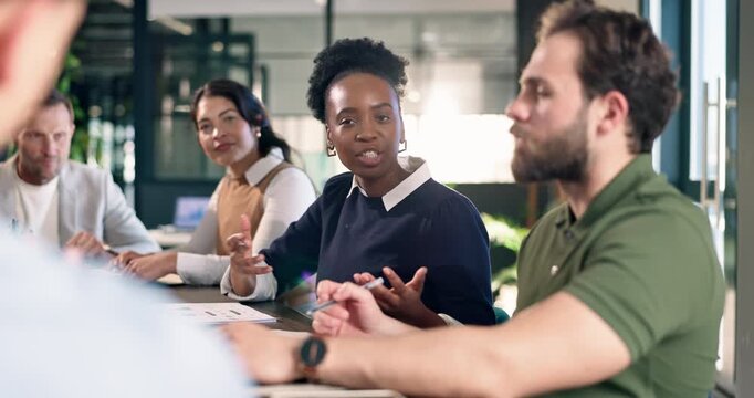 Sustainable, meeting or woman in office with feedback, esg growth pitch or review on green operations. Briefing, team or csr analyst with plan, conservation proposal or discussion on ethical strategy