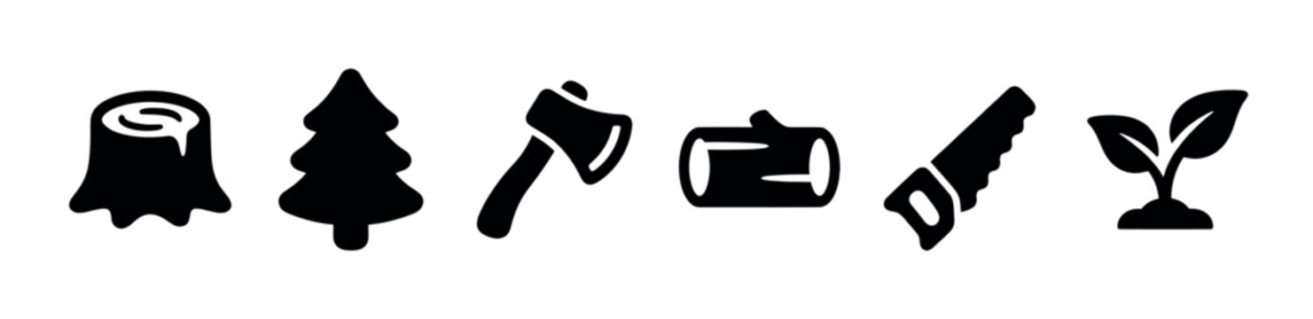 Collection of black silhouette forestry icons including a tree stump, pine tree, axe, log, hand saw, and a small plant sprout on a white background